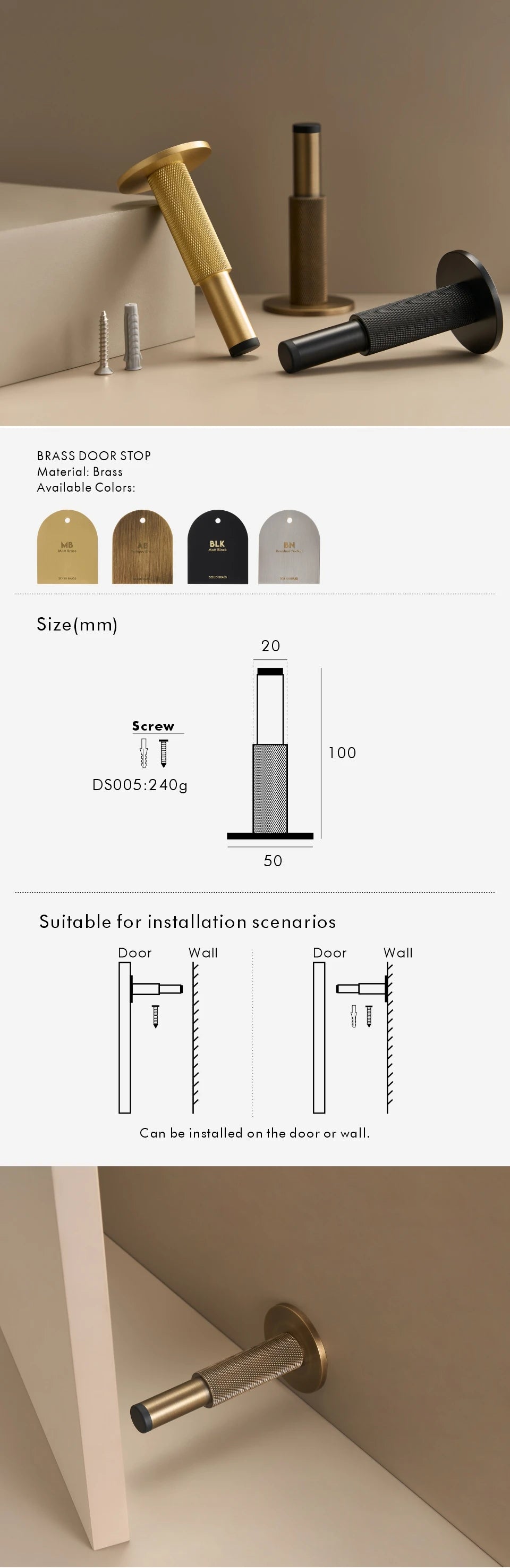 Brass Knurled Door Stopper – Heavy-Duty Floor & Wall Mount