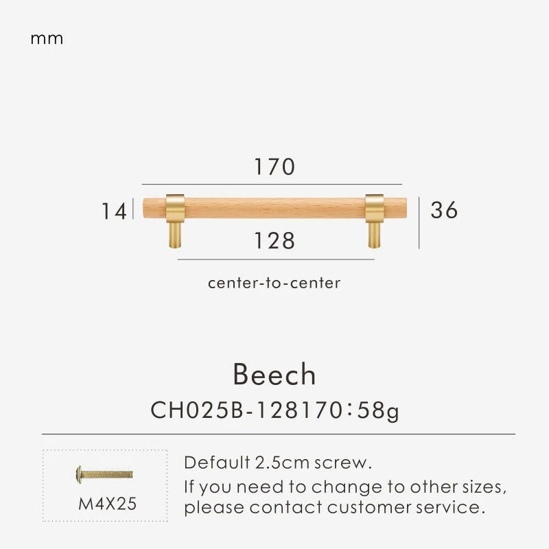 Brass & Wood Handle – Scandinavian T-Bar Pull in Walnut or Beech