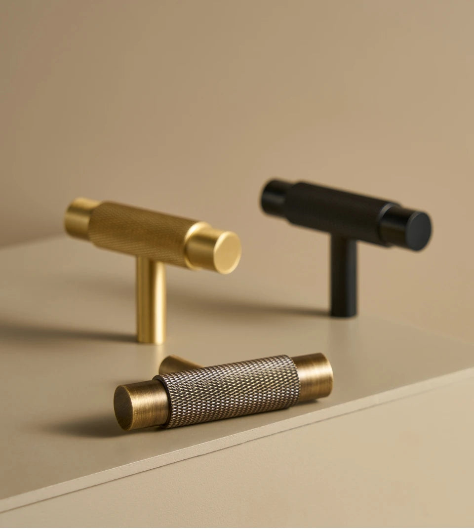 Solid Brass Knurled Handle – Modern T-Bar Cabinet & Drawer Pull