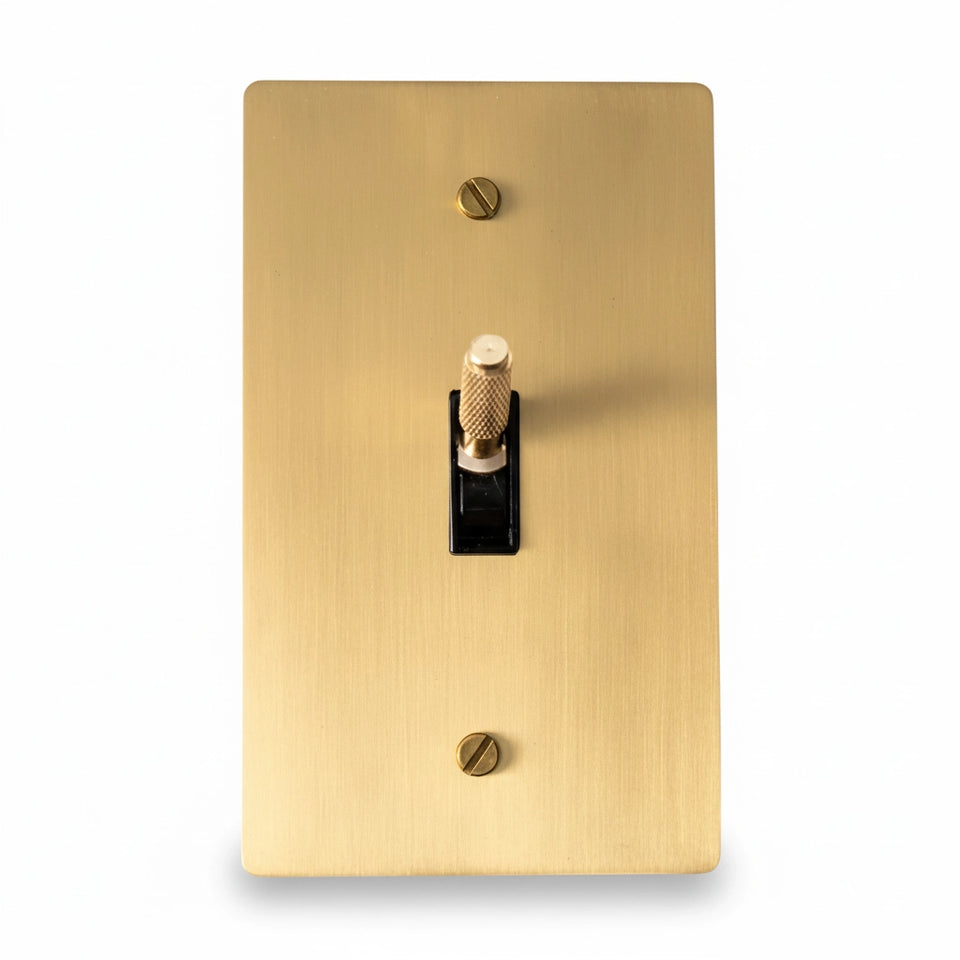 Satin brass toggle switch with rectangular wall plate.