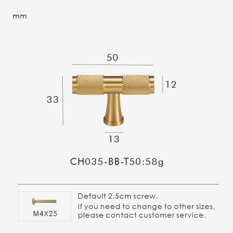 Brass Cross Knurled Handle – Diamond-Cut T-Bar Cabinet & Drawer Pull