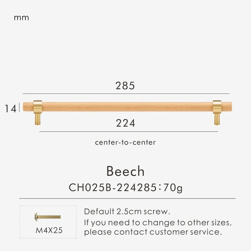 Brass & Wood Handle – Scandinavian T-Bar Pull in Walnut or Beech