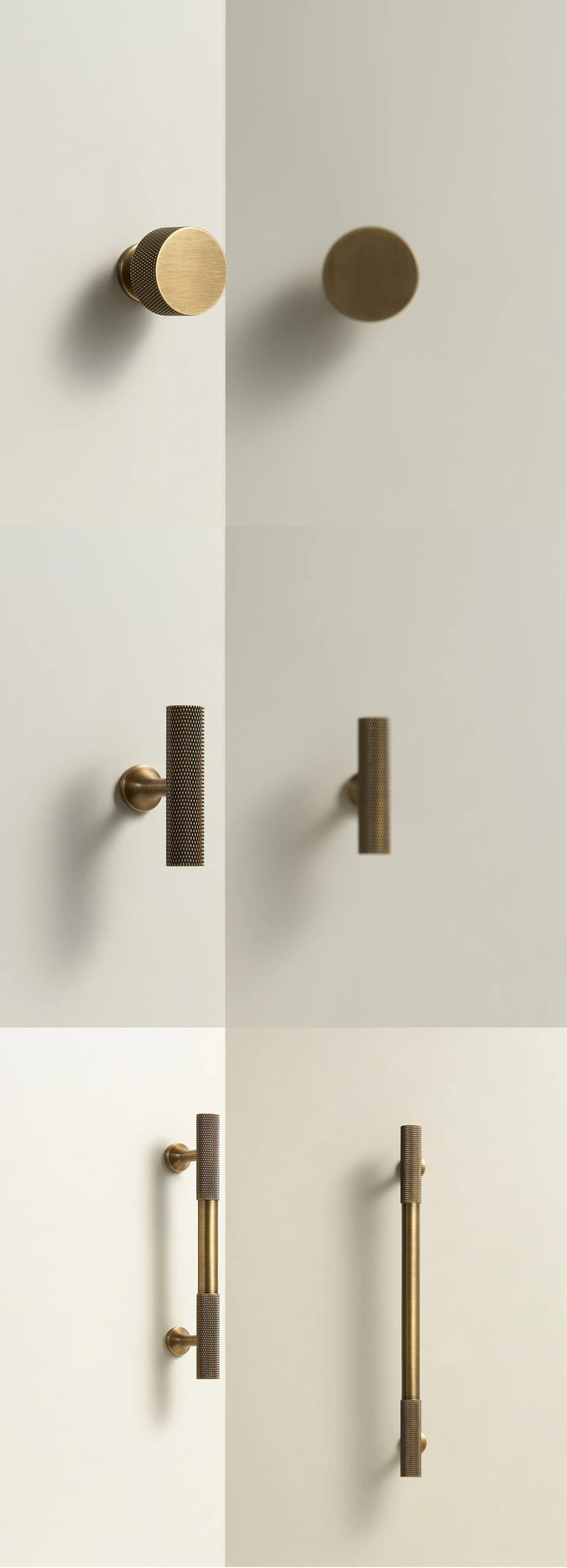 Set of antique brass cabinet handles on a white background