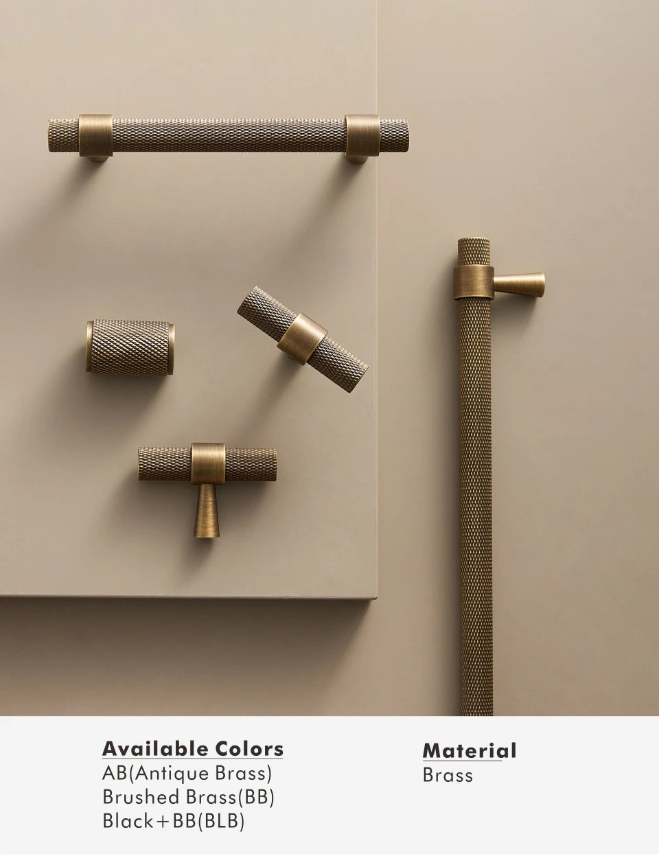 Set of brass textured brass handles on a beige background.