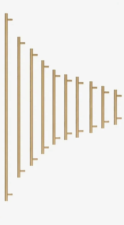 Set of gold brass round rod pulls on a white background.