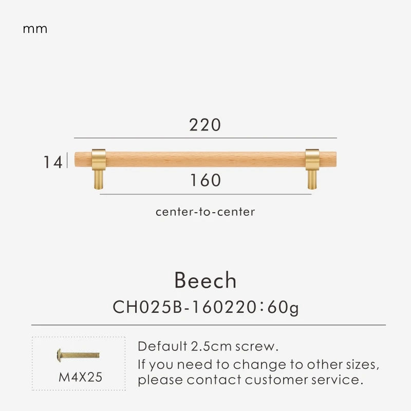 Brass & Wood Handle – Scandinavian T-Bar Pull in Walnut or Beech