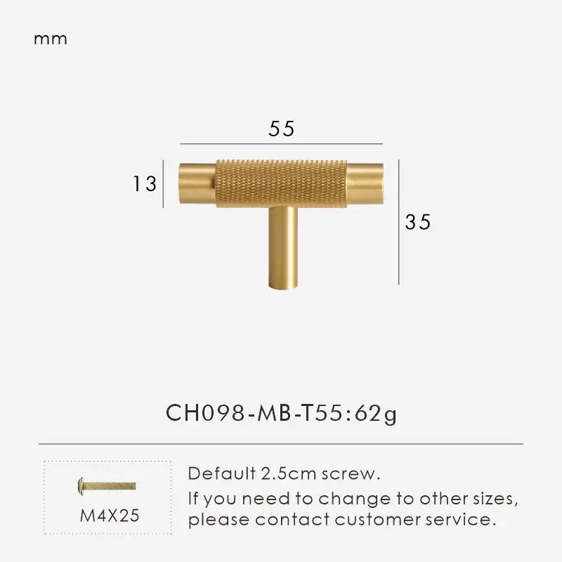 Solid Brass Knurled Handle – Modern T-Bar Cabinet & Drawer Pull
