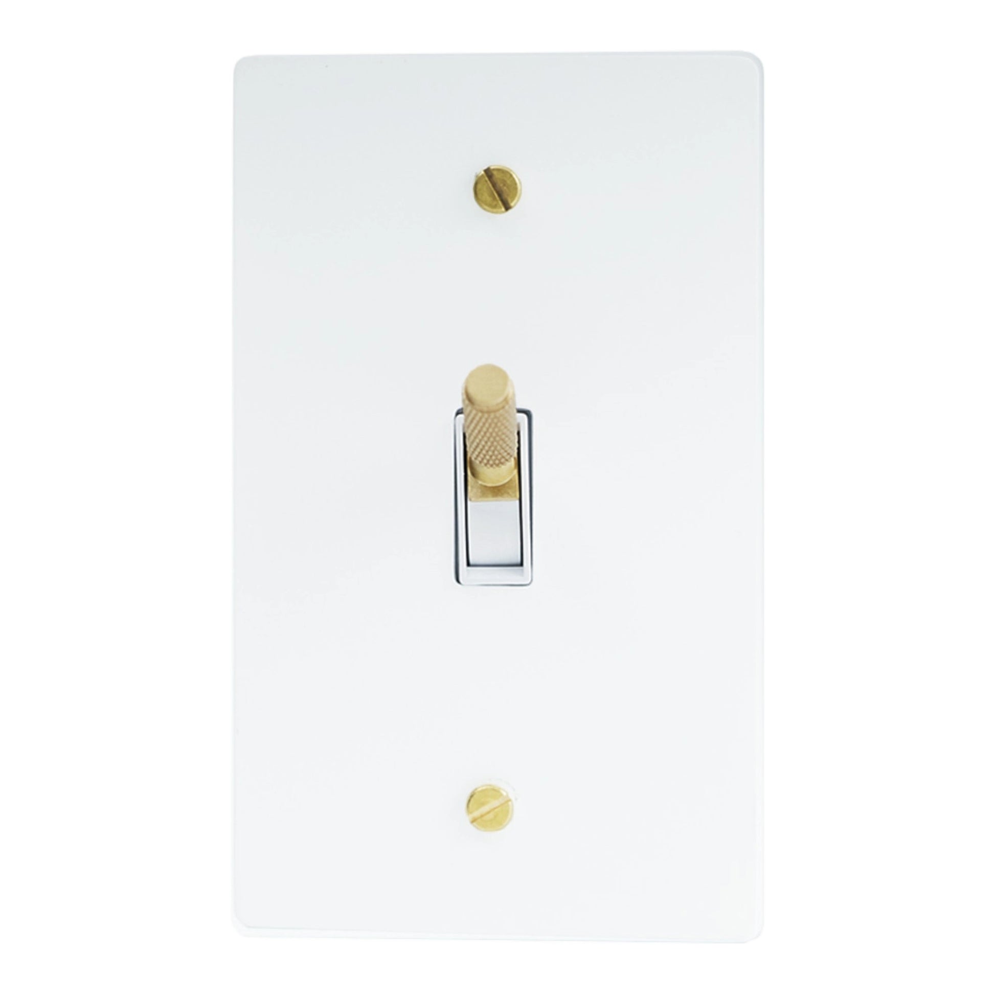 White light switch plate with gold screws on a white background
