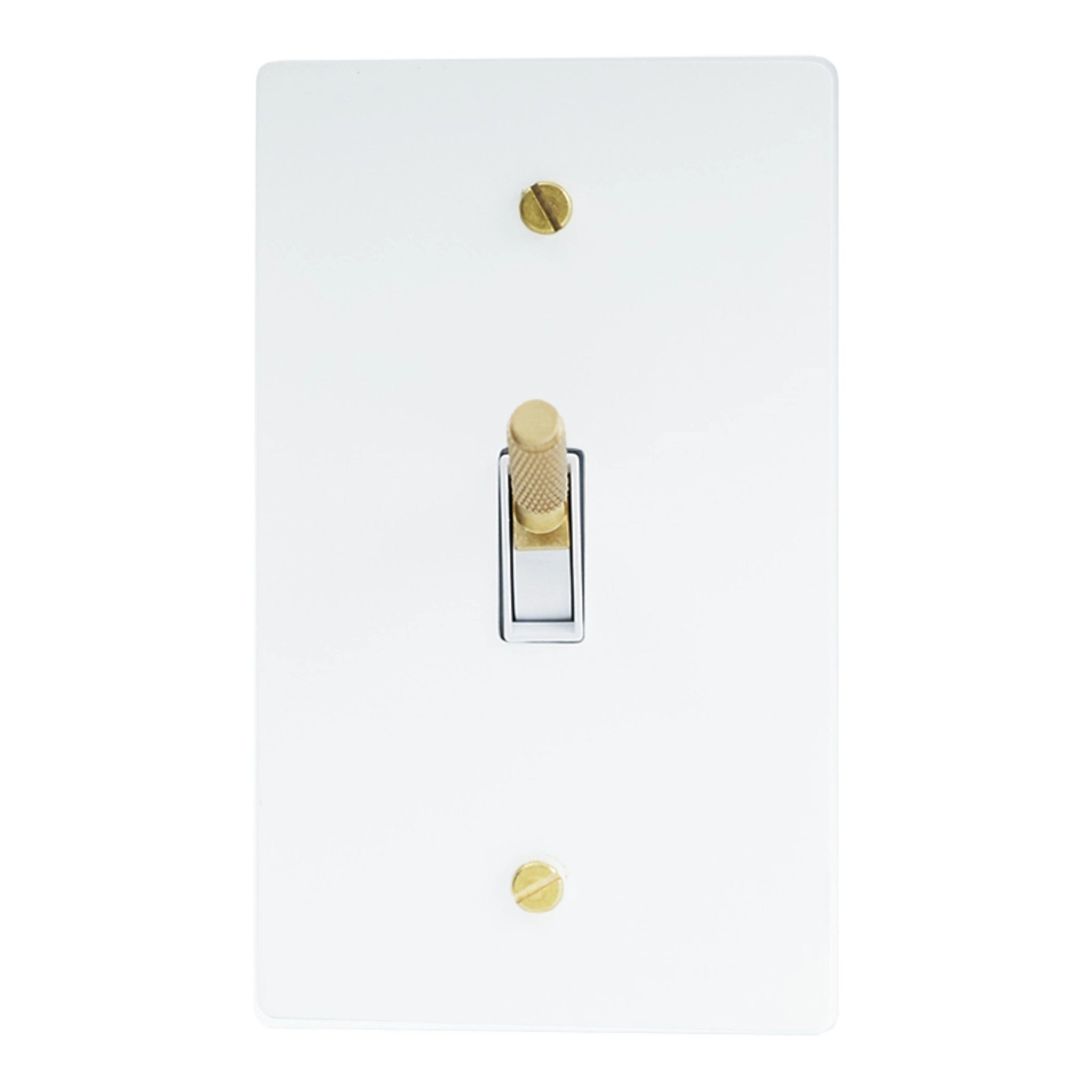 White light switch plate with gold screws on a white background