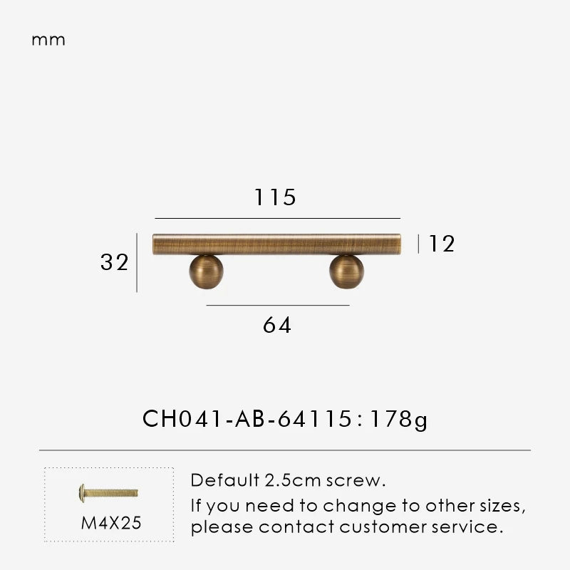 Measurement chart for a solid antique brass round handle 115 mm with dimensions and weight information.