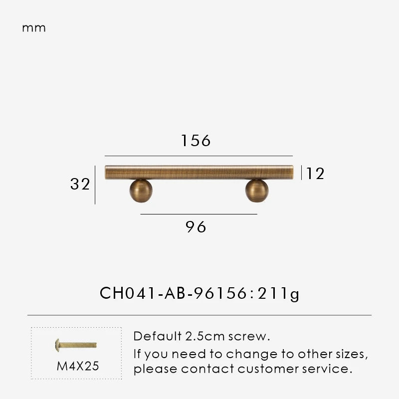 Measurement chart for a solid antique brass round handle 156 mm with dimensions and weight information.