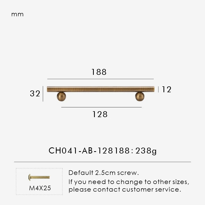 Measurement chart for a solid antique brass round handle 188 mm with dimensions and weight information.