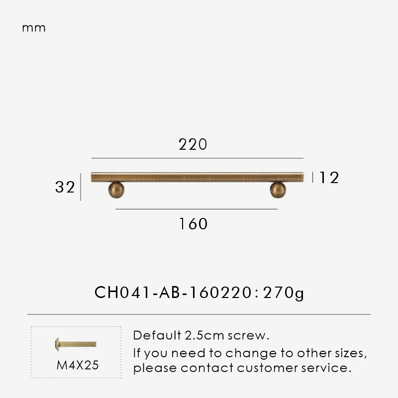 Measurement chart for a solid antique brass round handle 200 mm with dimensions and weight information.