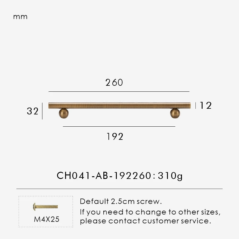 Measurement chart for a solid antique brass round handle 260 mm with dimensions and weight information.