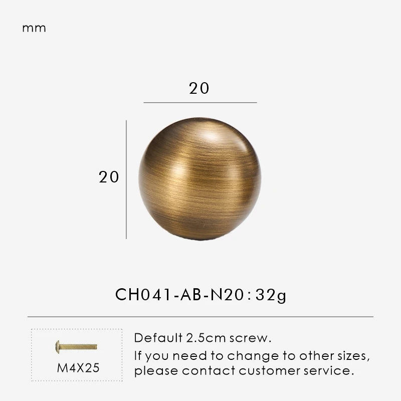 Measurement chart for a solid antique brass round knob 20 mm with dimensions and weight information.
