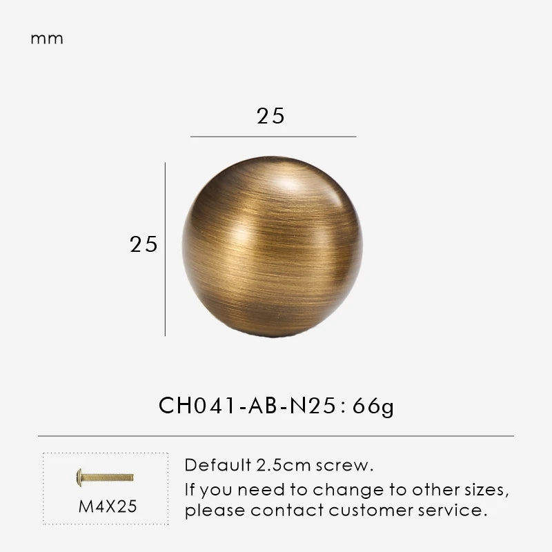 Measurement chart for a solid antique brass round knob 25 mm with dimensions and weight information.