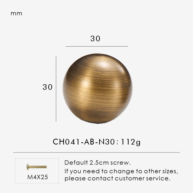 Measurement chart for a solid antique brass round knob 30 mm with dimensions and weight information.
