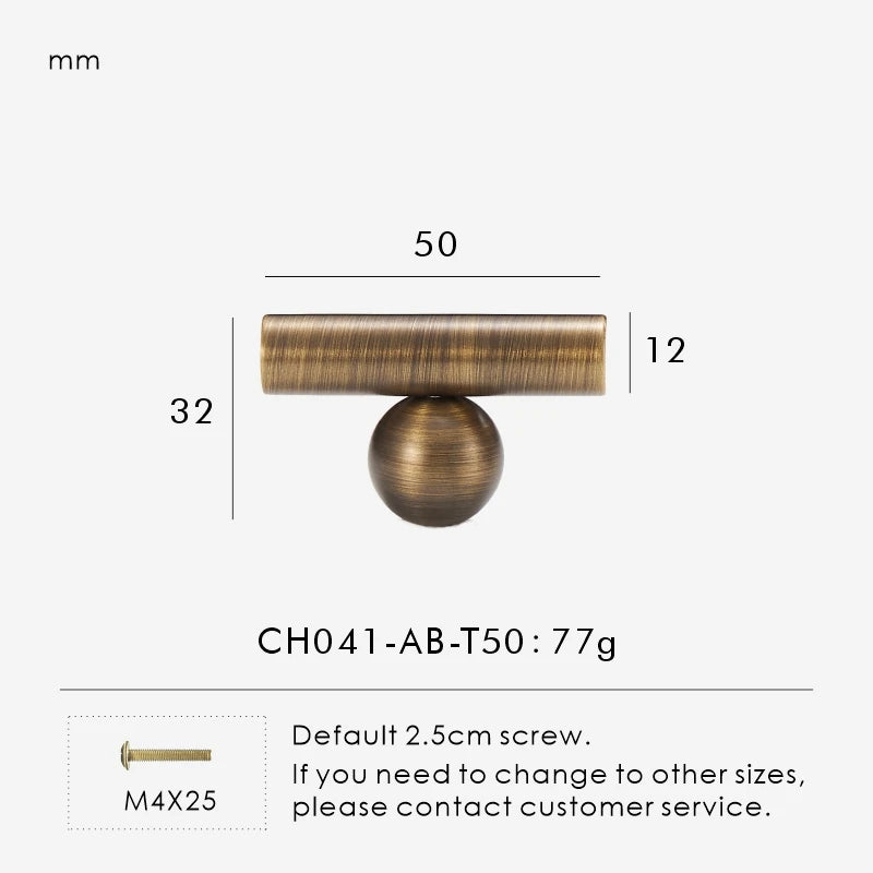 Measurement chart for a solid antique brass round t-bar 50 mm with dimensions and weight information.