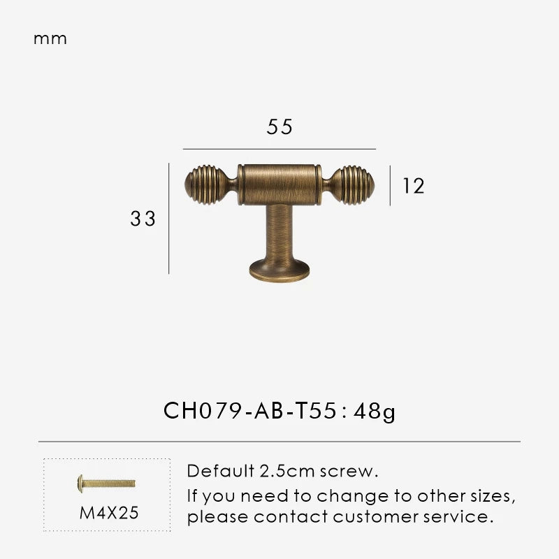 Measurement chart with a vintage-style solid brass ball antique cabine t-bar 55 mm long and dimensions on a white background.
