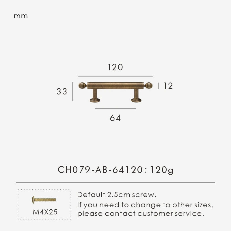 Measurement chart with a vintage-style solid brass ball antique cabinet pull 120 mm long and dimensions on a white background.