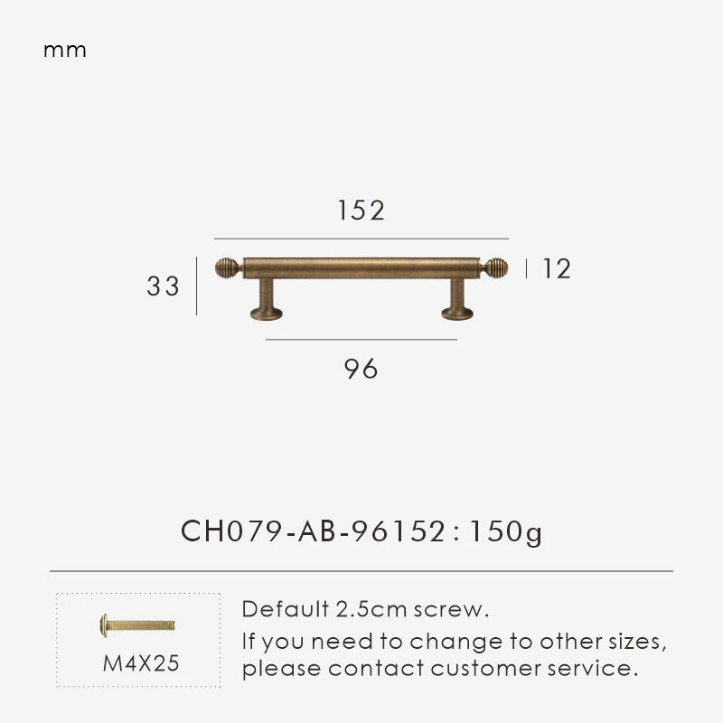 Measurement chart with a vintage-style solid brass ball antique cabinet pull 152 mm long and dimensions on a white background.