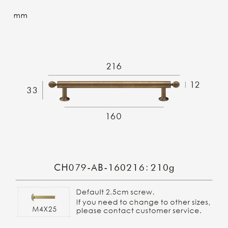 Measurement chart with a vintage-style solid brass ball antique cabinet pull 216 mm long and dimensions on a white background.