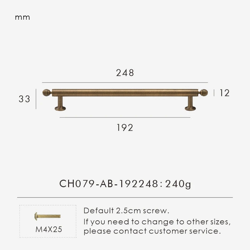 Measurement chart with a vintage-style solid brass ball antique cabinet pull 248 mm long and dimensions on a white background.