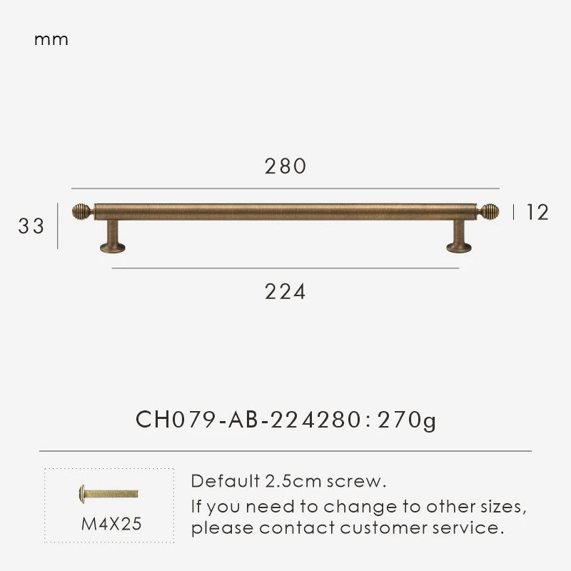 Measurement chart with a vintage-style solid brass ball antique cabinet pull 280 mm long and dimensions on a white background.