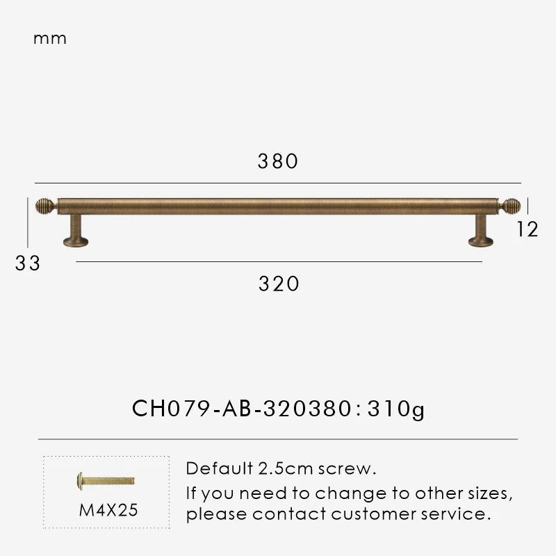 Measurement chart with a vintage-style solid brass ball antique cabinet pull 380 mm long and dimensions on a white background.