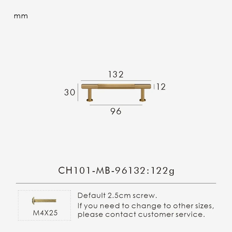 Measurement chart for a solid gold brass  linear handle 132 mm with dimensions and weight information.