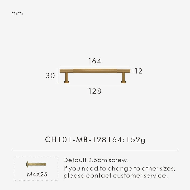 Measurement chart for a solid gold brass  linear handle 164 mm with dimensions and weight information.
