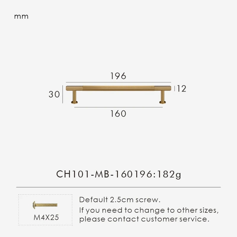 Measurement chart for a solid gold brass  linear handle 196 mm with dimensions and weight information.