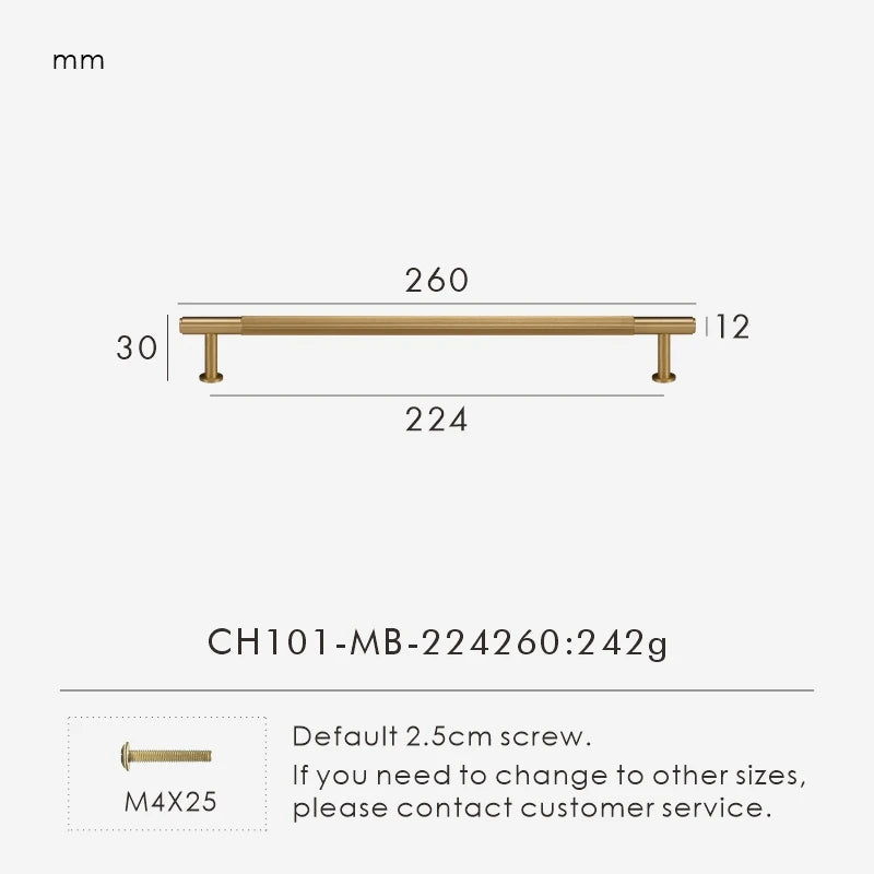 Measurement chart for a solid gold brass  linear handle 260 mm with dimensions and weight information.