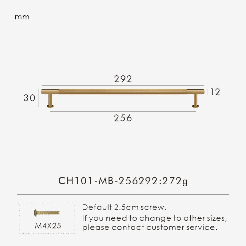Measurement chart for a solid gold brass  linear handle 292 mm with dimensions and weight information.