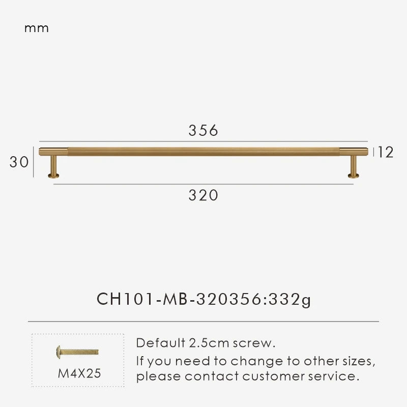 Measurement chart for a solid gold brass  linear handle 356 mm with dimensions and weight information.