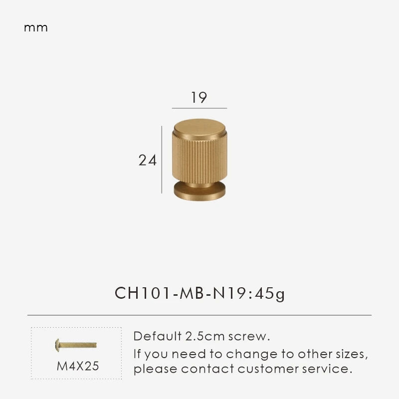 Measurement chart for a solid gold brass  linear knob 19 mm with dimensions and weight information.