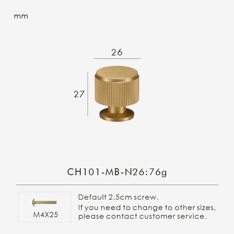 Measurement chart for a solid gold brass  linear knob 26 mm with dimensions and weight information.