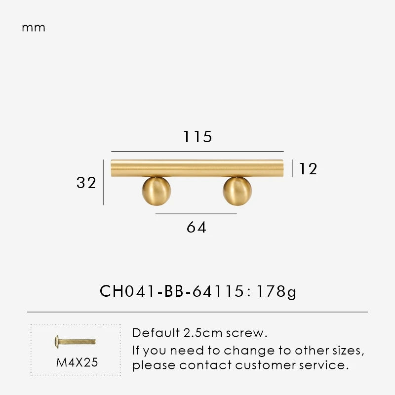 Measurement chart for a solid gold brass round handle 115 mm with dimensions and weight information.