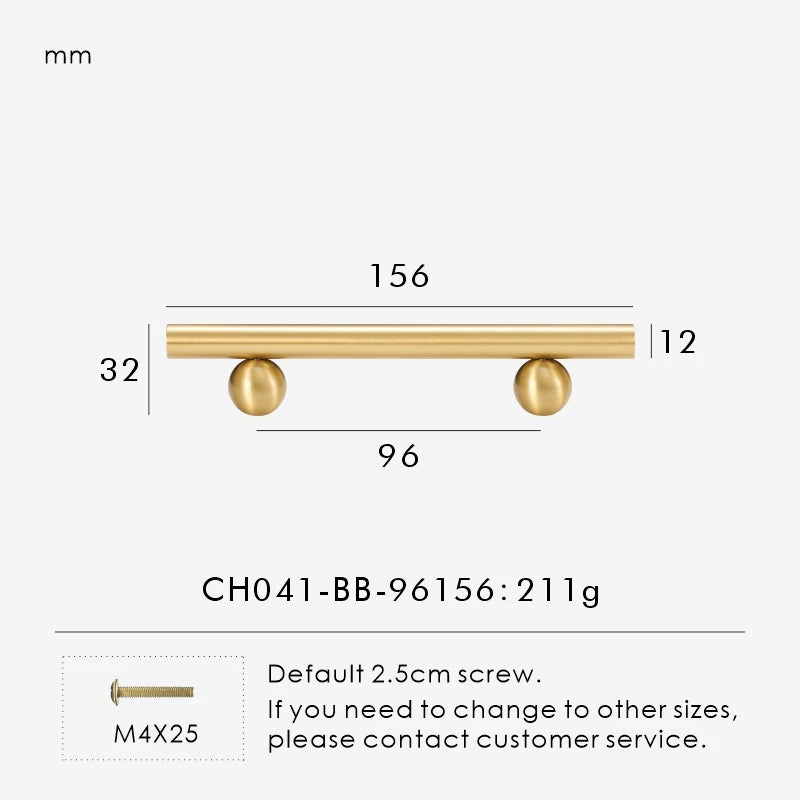 Measurement chart for a solid gold brass round handle 156 mm with dimensions and weight information.