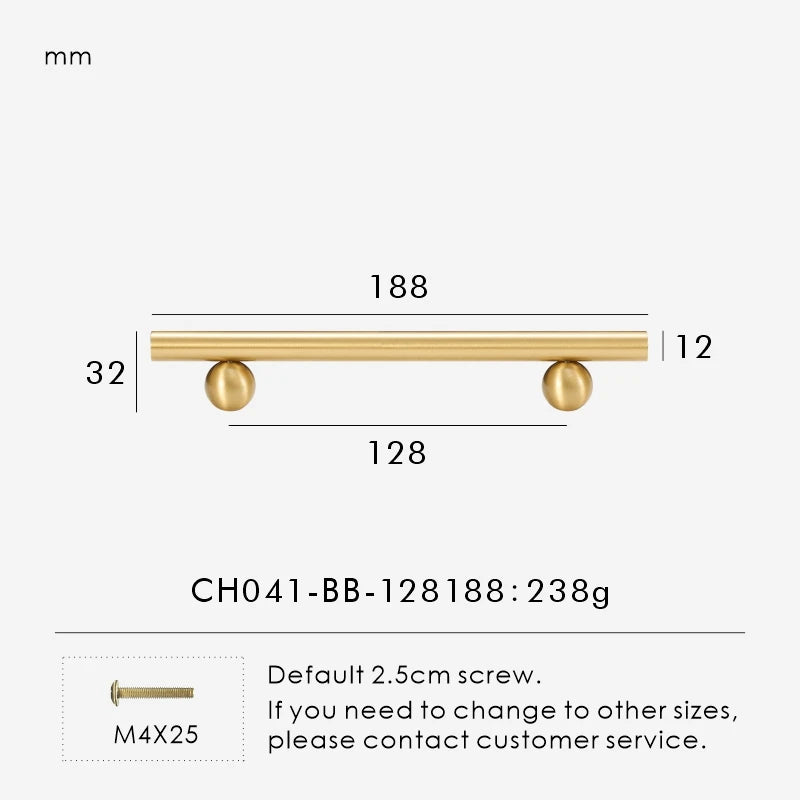 Measurement chart for a solid gold brass round handle 188 mm with dimensions and weight information.