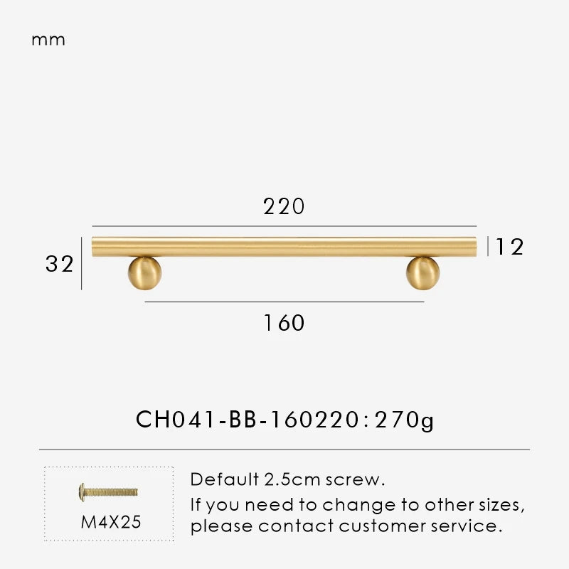 Measurement chart for a solid gold brass round handle 220 mm with dimensions and weight information.
