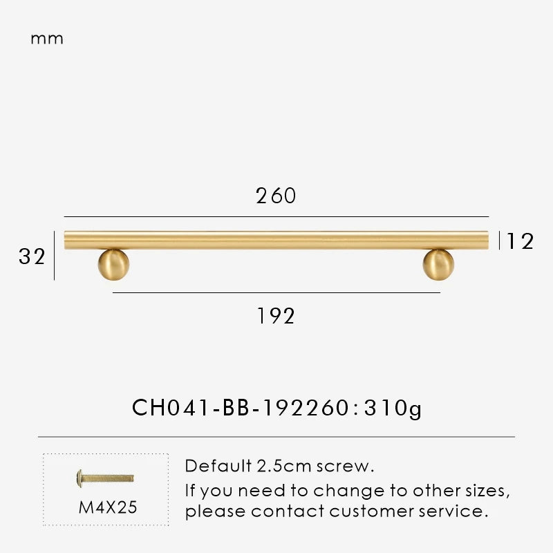 Measurement chart for a solid gold brass round handle 260 mm with dimensions and weight information.