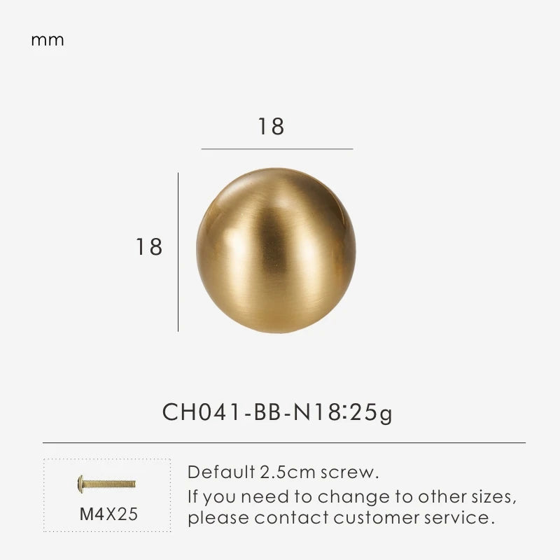 Measurement chart for a solid gold brass round knob 18 mm with dimensions and weight information.
