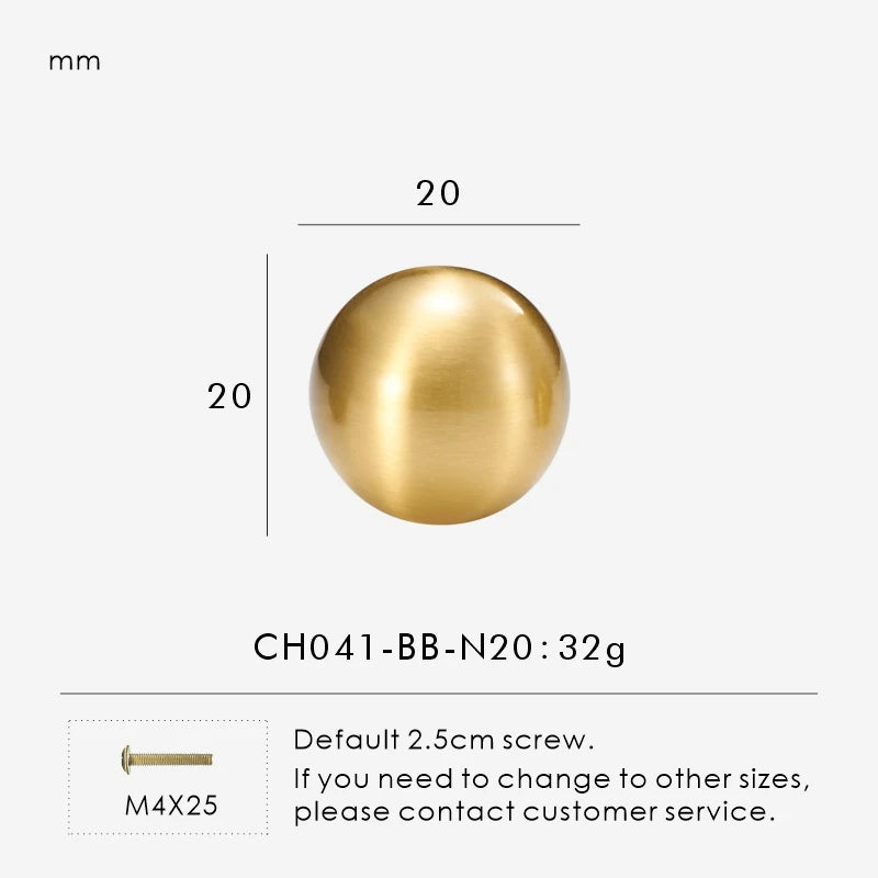 Measurement chart for a solid gold brass round knob 20 mm with dimensions and weight information.