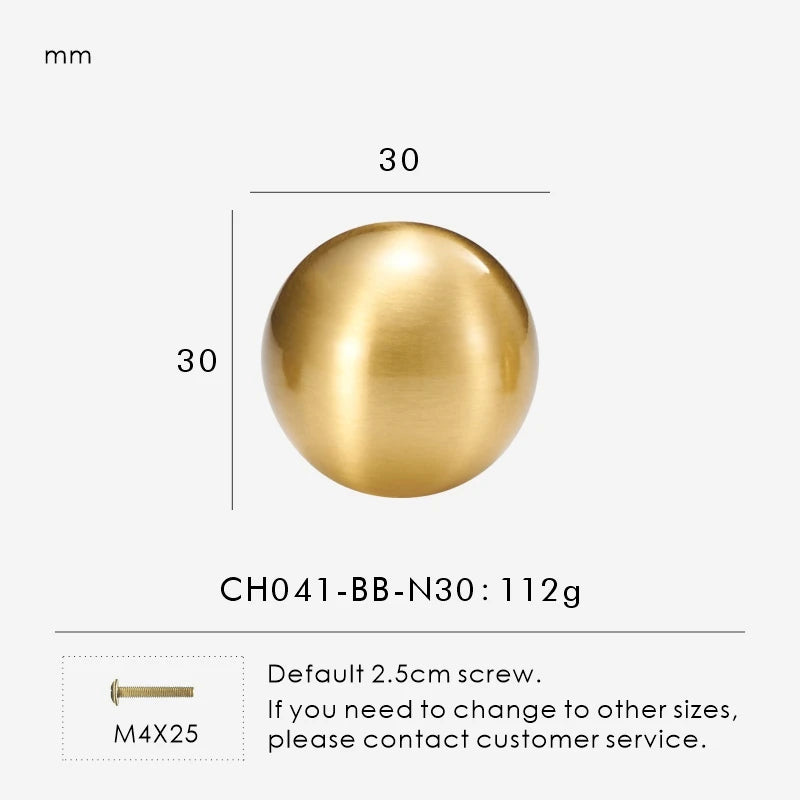 Measurement chart for a solid gold brass round knob 30 mm with dimensions and weight information.