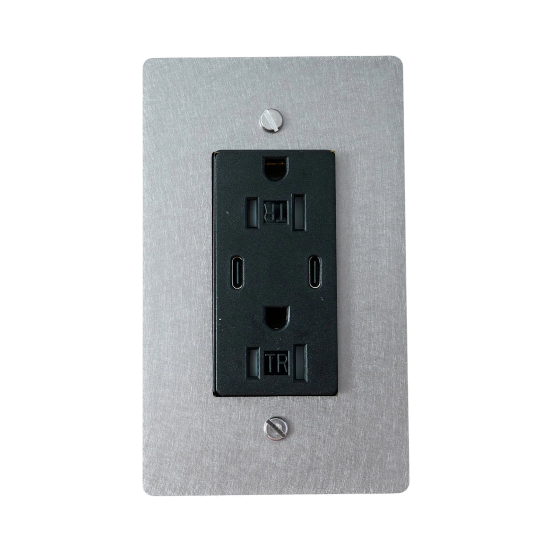 Black electrical outlet on a gray wall plate against a white background