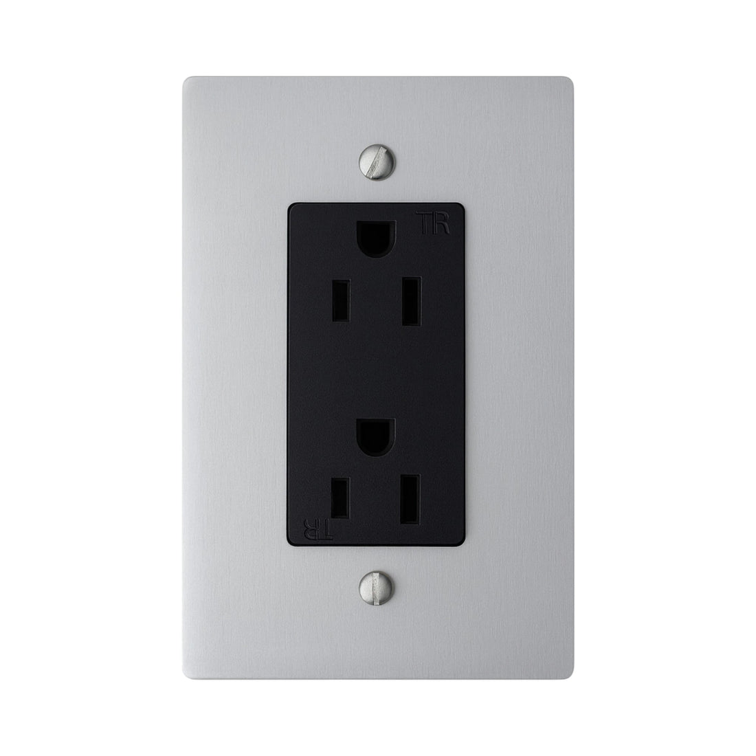 Black electrical outlet on a silver wall plate with screws