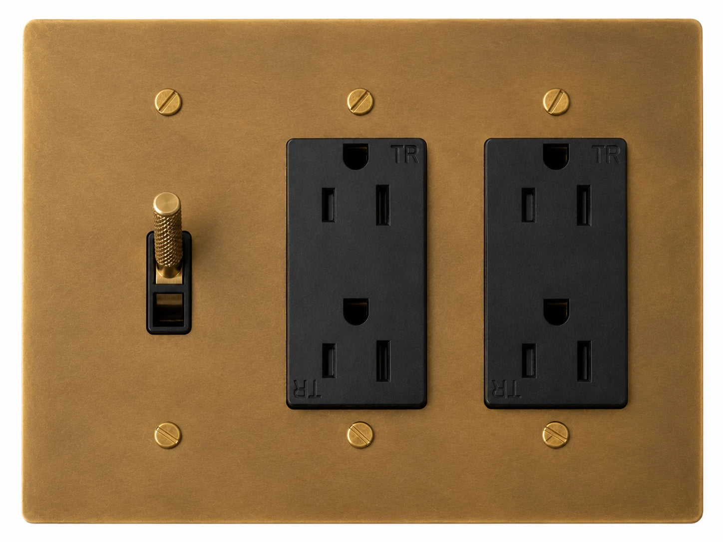 OB Toggle and Double Outlet - 3 Gang Unlacquered Antique Brass (Hand-Brushed)