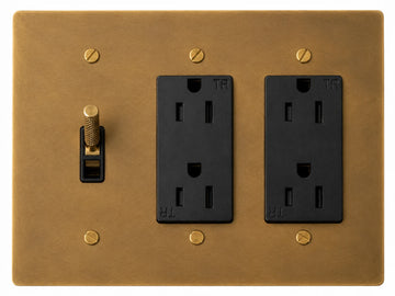 OB Toggle and Double Outlet - 3 Gang Unlacquered Antique Brass (Hand-Brushed)