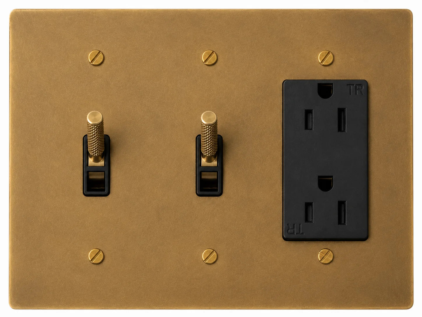 OB Double Toggle and Outlet - 3 Gang Unlacquered Antique Brass (Hand-Brushed)